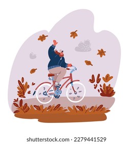 Cartoon vector illustration of person riding bike on fall road for lifestyle cyclist man cycling in city street cold season. Autumn weather. Leaves arround