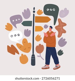 Ilustração do vetor de desenhos animados da Pessoa de pé no cruzamento de pavimento de azulejos com setas apontando em três direções diferentes. Três maneiras de escolher tomar uma decisão que caminho seguir.
