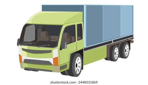 Cartoon vector or illustration of perspective Big truck with container. Can see interior of car with console and seats. Isolated white background.