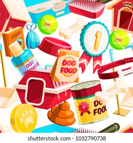 Cartoon vector illustration for pet shop. Doc supplies seamless pattern background