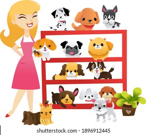 Dibujo vectorial de una cuidadora de mascotas con adorables cachorros en una gran estantería.