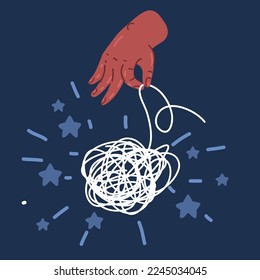 Cartoon vector illustration of Phand unravels the tangle of messy thoughts with mental disorder, anxiety and confusion mind or stress over dark background