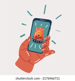 Cartoon vector illustration of Phone notification, alarm and police flasher on phone display. Hand holding smartphone.