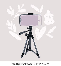 Cartoon vector illustration of phone on tripod. Live stream concept.