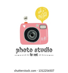 Cartoon Vector Illustration Of The Photo Camera With Hand Lettering Photo Studio For Rent And Speech Bubble Oh Snap. Flat Style Design Element For Sticker, Print, Poster, Site, Album, Apparel. Vector