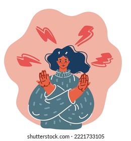 Cartoon vector illustration of Photo of young pretty serious woman crossed hands show no stop forbidden symbol
