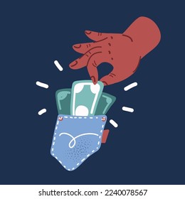 Ilustración vectorial de dibujos animados de la ganadería Pick: mano engullida robando dinero del bolsillo de la víctima, crimen financiero sobre fondo oscuro