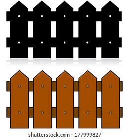 Cartoon vector illustration of a picket fence, in color and in black and white
