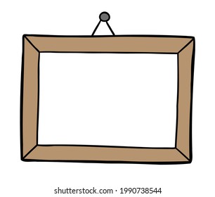 Cartoon vector illustration of picture frame hanging on the wall. Colored and black outlines.