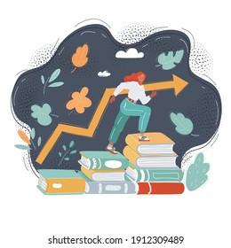 Dibujo vectorial de la imagen de una estudiante sonriente en un montón de libros
