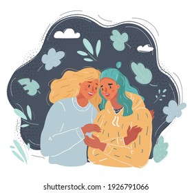 Cartoon vector illustration of Picture of two young happy girlfriends hug each other on dark backround.