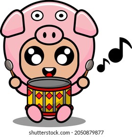 cartoon vector illustration of pig animal mascot costume character playing drums