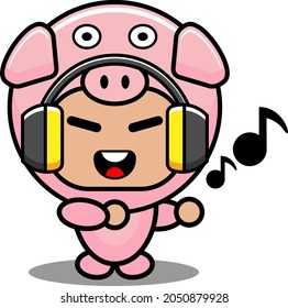 cartoon vector illustration of pig animal mascot costume character listening to music