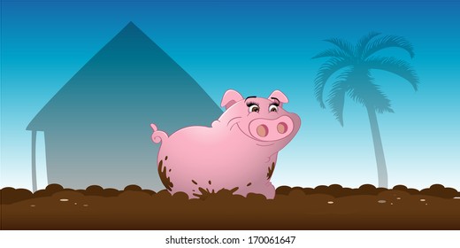 cartoon vector illustration of a Pig wallowing mud