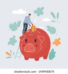 Cartoon vector illustration of Piggy bank, money box. man save him money and invest strategy concept on dark background.