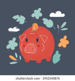 Cartoon vector illustration of Piggy bank style money box isolated on a dark background.