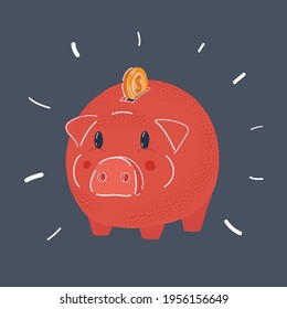 Cartoon vector illustration of Piggy Bank with coin. Money and finance concept on dark.