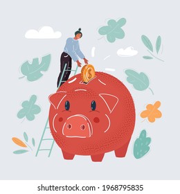 Cartoon vector illustration of Piggy bank and woman with coin isolated on white background.