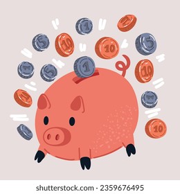 Cartoon vector illustration of Piggy bank with Money creative business concept. Pink pig keeps gold coins. Keep and accumulate cash savings. Safe finance investment. Financial services.