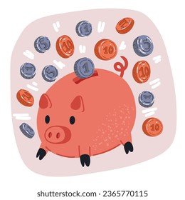 Cartoon vector illustration of Piggy bank with Money. Pink pig keeps gold coins. Keep and accumulate cash savings. Safe finance investment. Financial services.