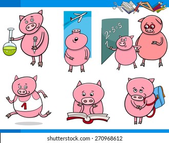 Cartoon Vector Illustration of Piglet Animal Character School Student Set