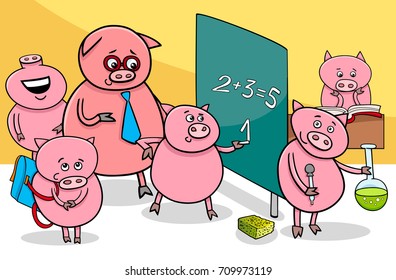 Cartoon Vector Illustration of Piglet Animal Characters at School