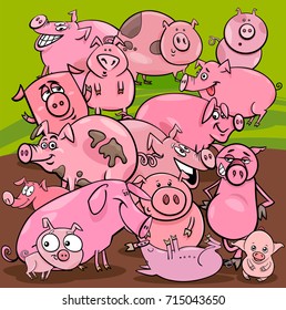 Cartoon Vector Illustration of Pigs Farm Animal Characters Group