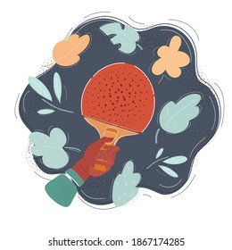 Cartoon vector illustration of ping pong racket on human hand. Object on dark bacgkround.