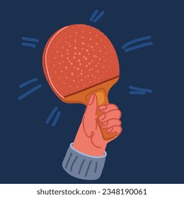 Cartoon vector illustration of Ping pong racket holding by hand holding. Table tennis with ball. Sport game theme over dark background