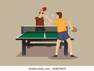 Cartoon vector illustration of ping pong players smashing ping pong ball with bats in an exciting game isolated on plain background.