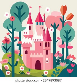 A cartoon vector illustration of a pink castle in fairy tale land