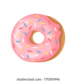 Cartoon vector illustration pink donut. Hand drawn drawing sweet bun. Actual Creative art work bake