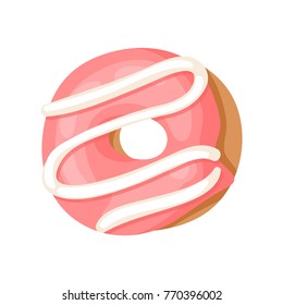 Cartoon vector illustration pink donut. Hand drawn drawing sweet bun. Actual Creative art work bake