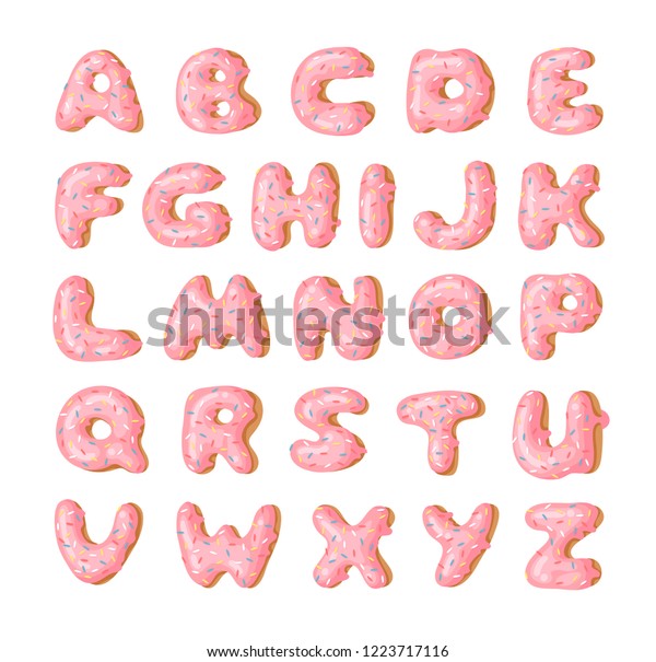 ピンクのドーナツabcの漫画のベクターイラスト 甘いバンの手書きのフォント アルファベットのクリエイティブアートを作る のベクター画像素材 ロイヤリティ フリー