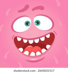 Cartoon vector illustration of a pink furry silly monster face with big green eyes, wide open mouth, showing tongue and laughing, suitable for Halloween designs or children book illustrations