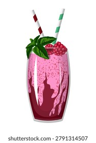 Cartoon vector illustration of a pink raspberry milkshake smoothie with fresh berries, mint leaves and straws in a glass.