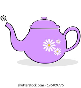 Cartoon vector illustration of a pink teapot with daisies painted on it