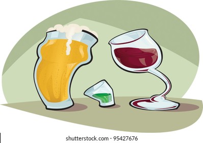 Cartoon Vector illustration of a pint of beer and a glass of red wine looking down upon a shot glass full of green liquor. eps version 10. contains transparency effects on highlights.