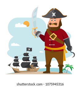 cartoon vector illustration. pirate adventure with old ship on beach sea background