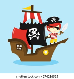 A cartoon vector illustration of a pirate kid on a pirate ship.