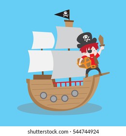 Cartoon vector illustration of a pirate kid with treasure chest on a pirate ship