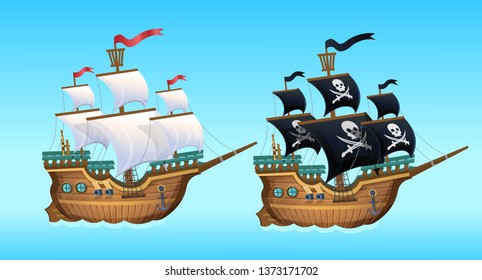 Cartoon Vector Illustration. Pirate Ship, sailing ship. 