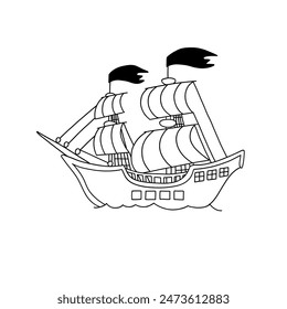 Cartoon Vector Illustration. Pirate Ship, sailing ship. linear style