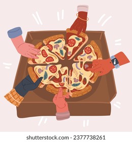 Cartoon vector illustration of Pizza in cardboard boxes. Hands takes pieces and slice