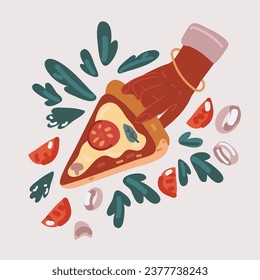 Cartoon vector illustration of Pizza slice holding by hand