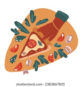 Cartoon vector illustration of Pizza slices in love hold hands.