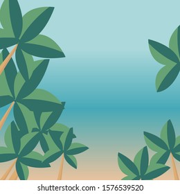 cartoon vector illustration with place for text. tropic exotic landscape decorated by palm trees and bright background