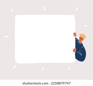 Cartoon vector illustration of Place For Your Ad. Man holding empty blank board. Square paper for template