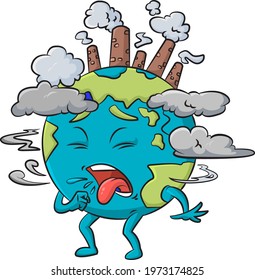 Cartoon vector illustration of planet Earth choking on pollution