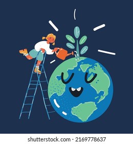 Cartoon vector illustration of Planet earth. Kid watering plant over dark backround